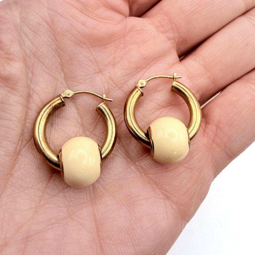 Vintage 14K Gold Hoop Earrings With Cream Color Enamel Bead Charm